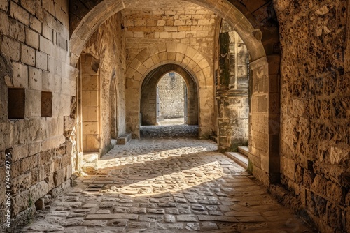 Warm sunlight bathes the stone passageway of a medieval fortress, highlighting the texture of the ancient walls and paving stones.