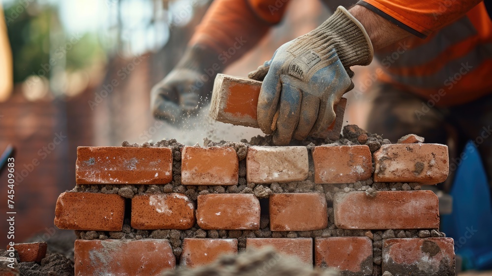 A bricklayer constructs a stone wall using wood, metal tools, and building materials like bricks and rocks. AIG41 - obrazy, fototapety, plakaty 
