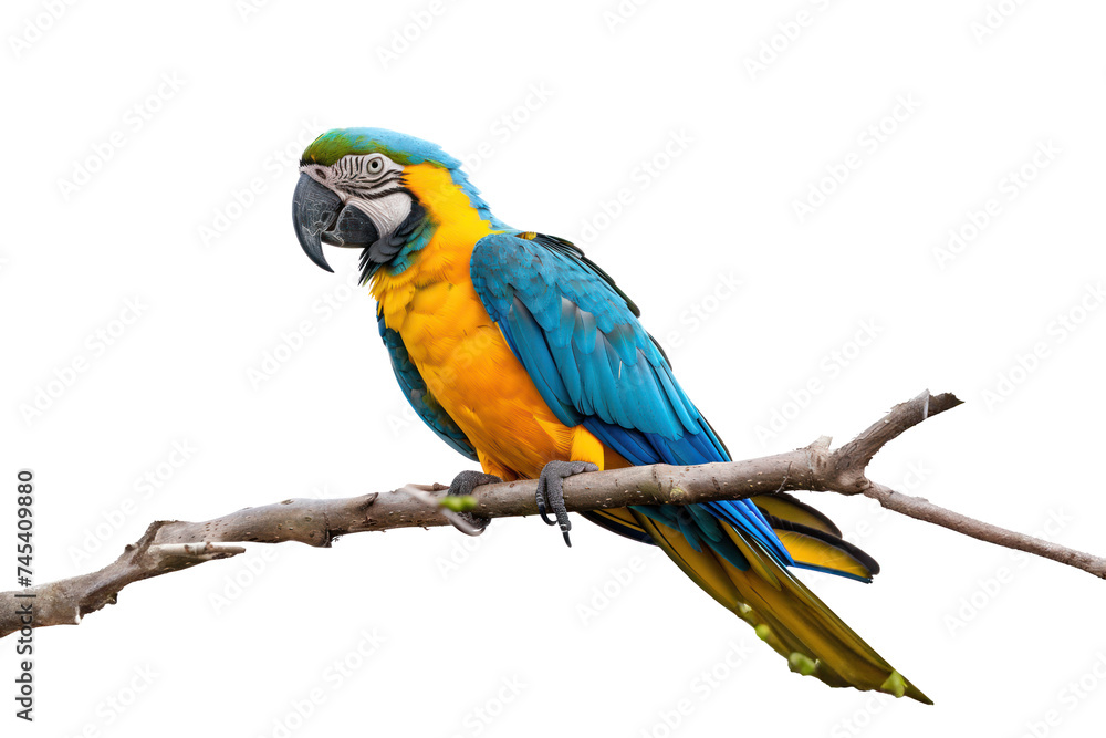 Obraz premium Blue and gold macaw perched on a branch, cut out - stock png.