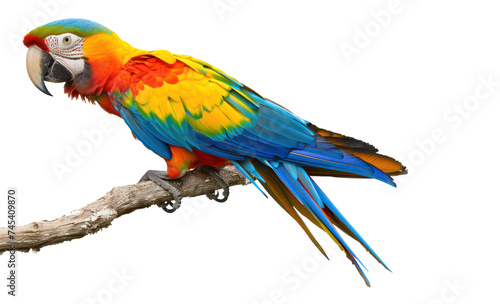 Blue and gold macaw perched on a branch, cut out - stock png.