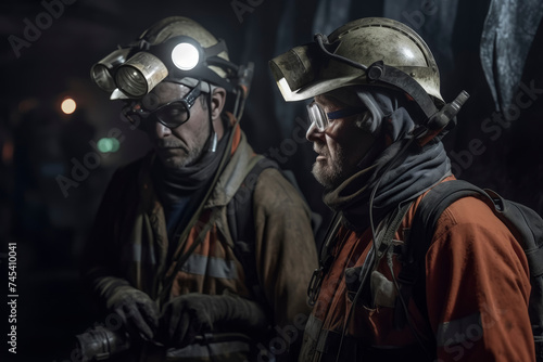 Two miners with headlamps underground