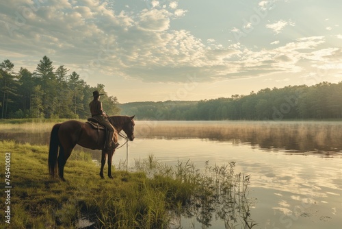 A solitary rider on horseback stands at the edge of a tranquil, misty lake surrounded by a dense forest in the early morning light. Place for text © evgenia_lo