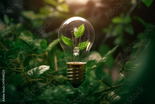 Light bulb with green leaves inside on a leafy background.
