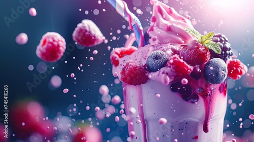 Milkshake yogurt with fruit berry splash juicy. Background concept