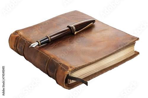 Vintage leather journal with fountain pen, cut out - stock png.