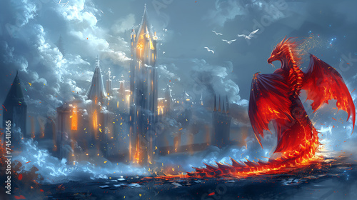 Czerwony smok człowiek na tle miasta fantasy photo