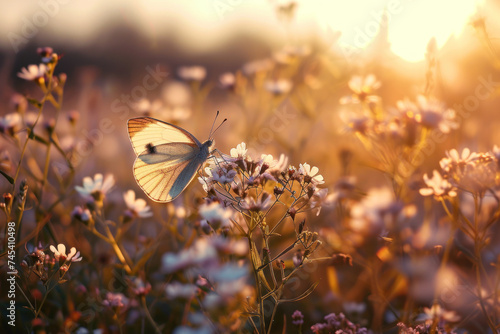 Butterfly on a flower in a morning sun