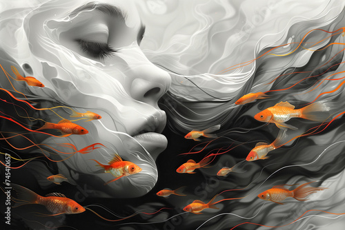 Sztuka nowoczesna. Projekt z twarzą kobiety i rybkami