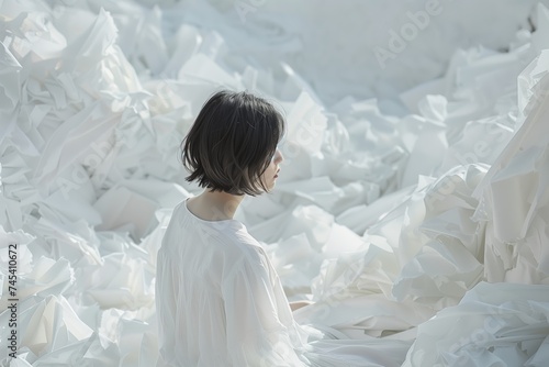 girl in white dress surrounded by white fabric 