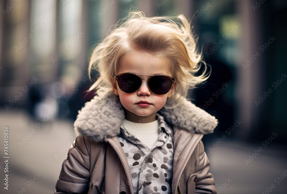 Stylish cool small girl wearing fashionable jacket and sunglasses walking on street, fashion supermodel kid, studio portrait. Generative AI Stylish cool small girl wearing fashionable jacket and sunglasses walking on street, fashion supermodel kid, studio portrait. Generative AI