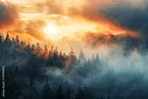 Ethereal landscape of forest silhouette against a sunrise with beautiful orange hues and misty atmosphere