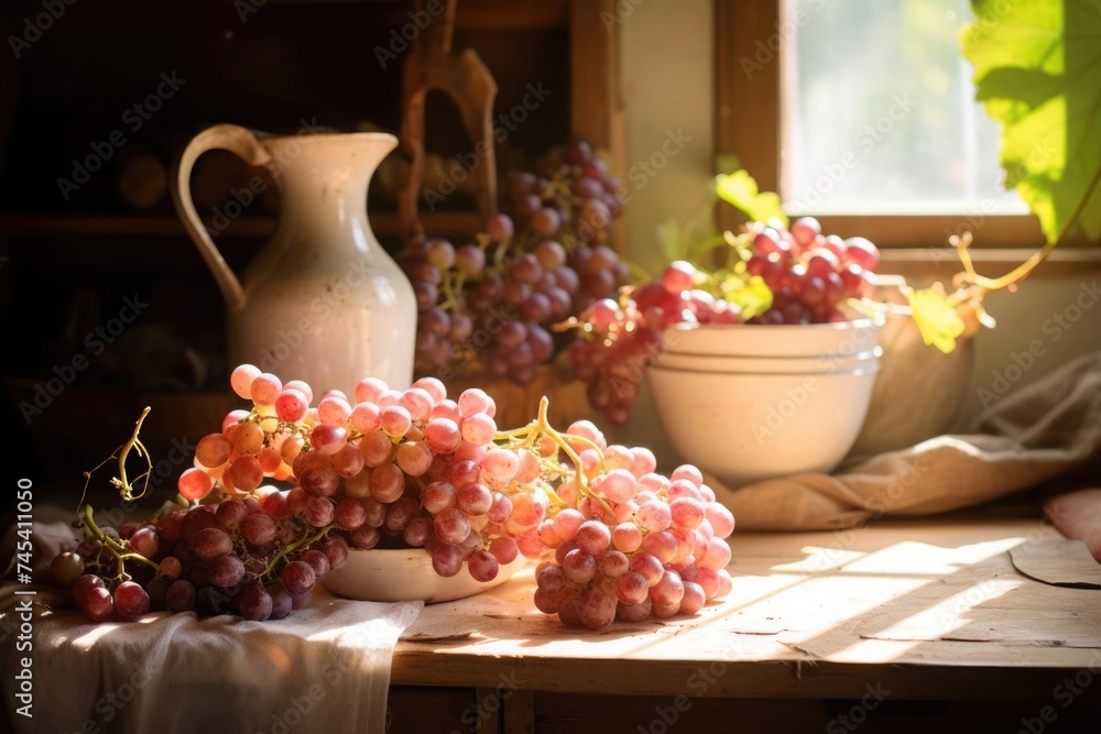 Morning light bathes a rustic table with lush grapes, a vintage pitcher, and fresh greenery, evoking tranquility.