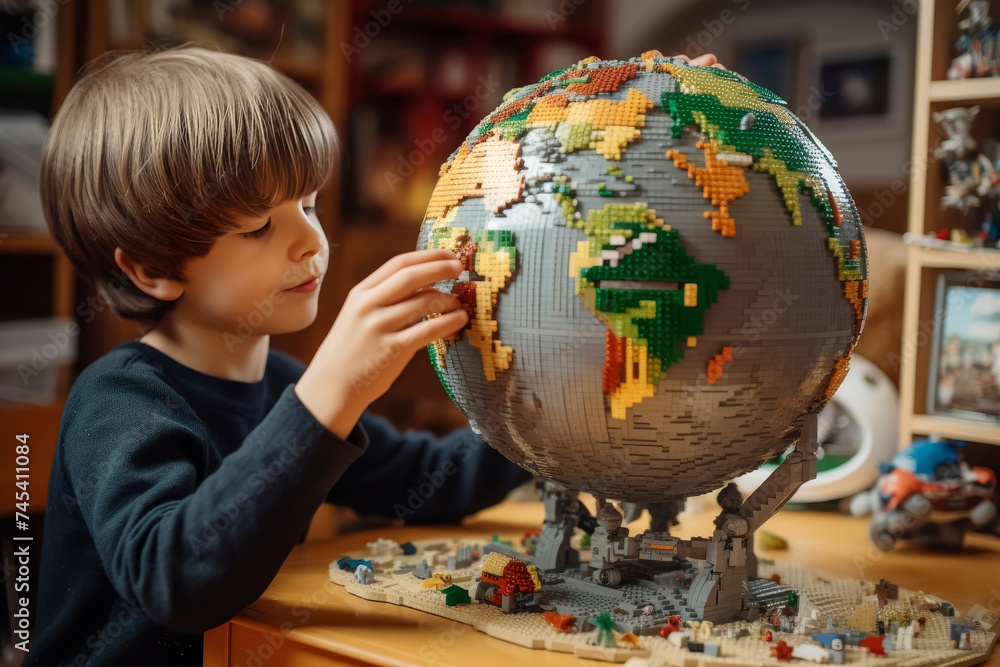 Boy assembling a toy blocks globe at home Boy assembling a toy blocks globe at home