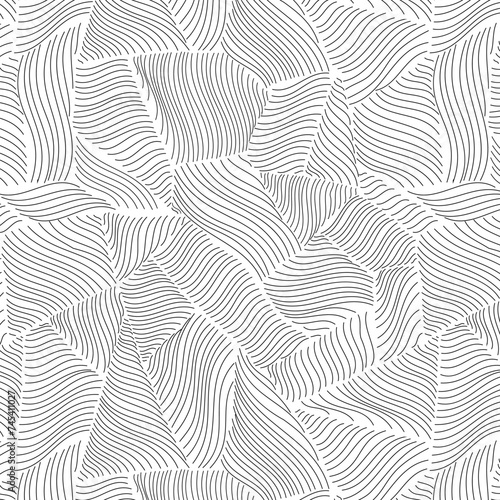 Seamless pattern of wavy patchy mosaic with hand drawn line texture. Minimalist elegant black and white doodle background.