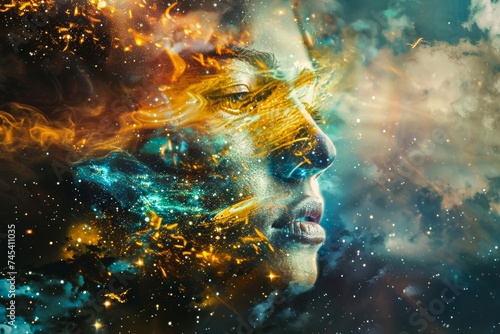 Surreal artwork of a woman's face merged with galaxy-like effects depicting the universe and human imagination