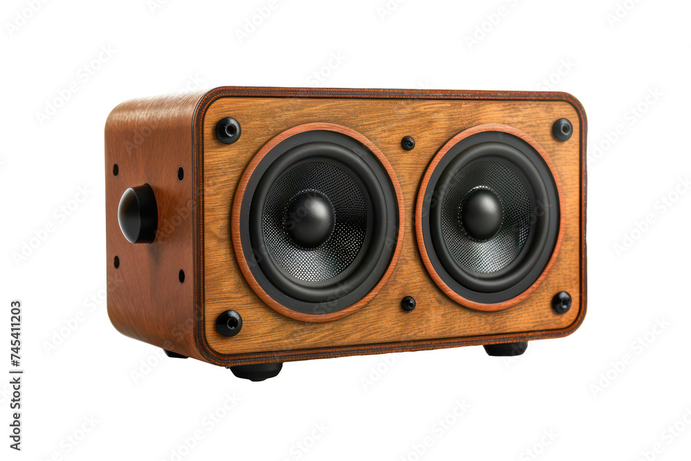Wooden bluetooth speaker with dual drivers, cut out - stock png.