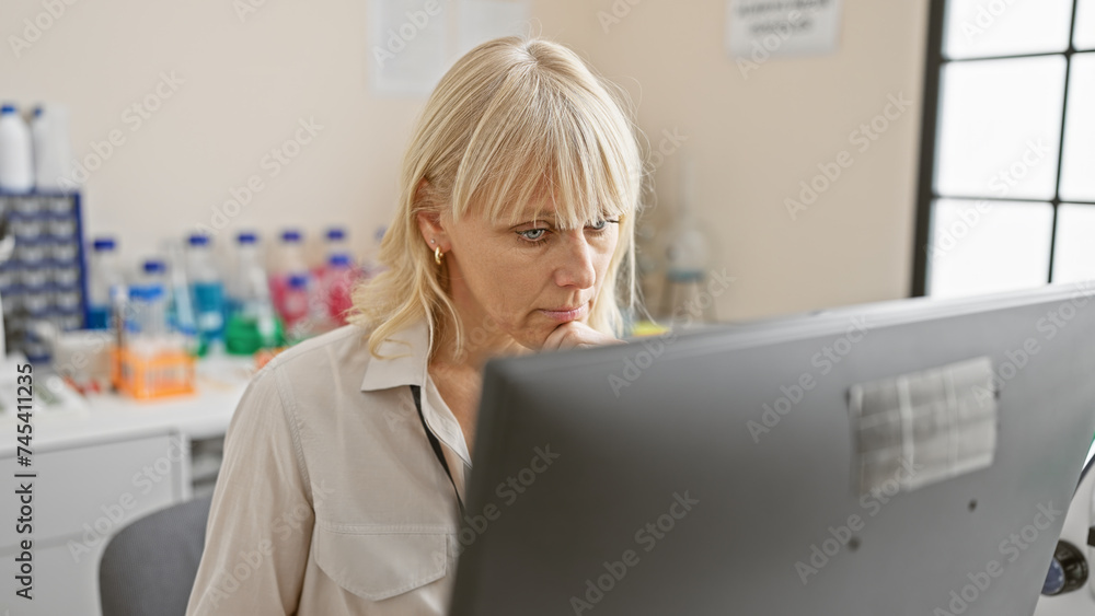 Focused blonde woman working at computer in a laboratory setting. Focused blonde woman working at computer in a laboratory setting.