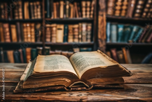 A well-worn open book resting on a rustic wooden desk, evoking sentiments of nostalgia and learning