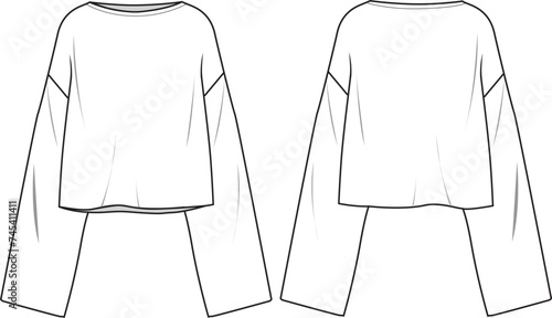 Women's Relax Fit Jumper. Technical fashion illustration. Flat apparel top template front and back, white color. Unisex CAD mock-up.