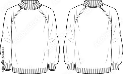 Men's Basic Regular Fit Jumper. Technical fashion illustration. Front and back, white color. Men's CAD mock-up.