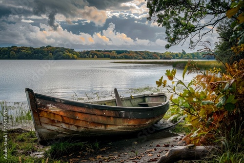 A calm scene of a wooden rowboat resting on the shore of a serene lake surrounded by fall foliage