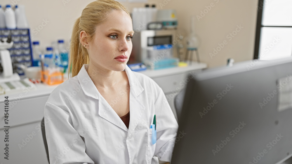 A caucasian female scientist is working intently in a laboratory setting, surrounded by scientific equipment. A caucasian female scientist is working intently in a laboratory setting, surrounded by scientific equipment.