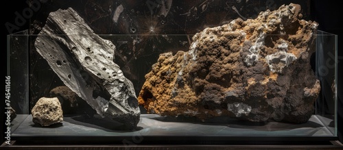 Two rocks, a meteorite chondrite, and mocs are showcased in a glass case on a black background. The rocks are presented as meteoric marvels, offering a unique and intriguing display. photo