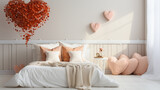 White bed for couples in a romantic and warm atmosphere. Love valentine concept