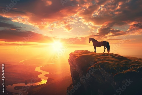 Silhouette of a horse on a hilltop against a dramatic sunset with clouds and a meandering river in the background. a symbol of new beginnings