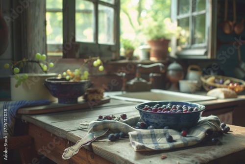 Cozy cottage kitchen with a bowl of fresh berries on a wooden table, basking in the morning light. photo