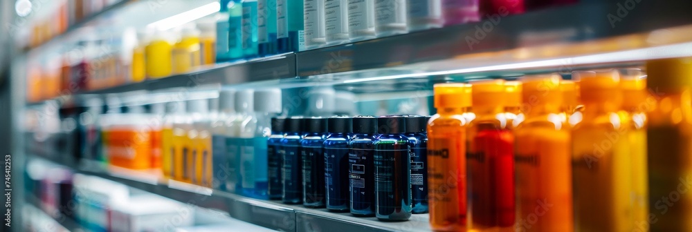 Well-stocked pharmacy shelves with assorted medications, brightly lit and in focus