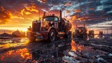 Antique trucks sit abandoned in a desolate industrial landscape, illuminated by a fiery sunset, depicting decay and past glory