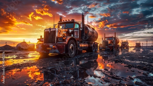 Antique trucks sit abandoned in a desolate industrial landscape  illuminated by a fiery sunset  depicting decay and past glory