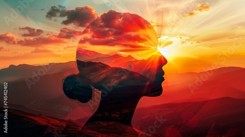 Artistic composite silhouette of a head merging with a mountainous landscape at sunset, symbolizing connection with nature