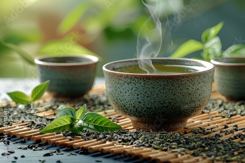 Two steaming cups of green tea placed on a bamboo mat with loose tea leaves and fresh basil leaves on the side.