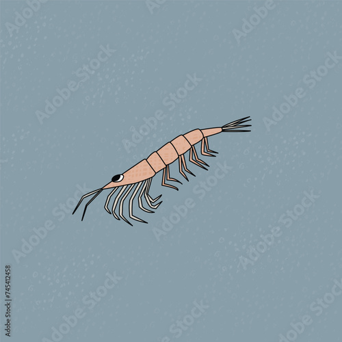 Antarctic krill. Hand drawn outline sketch cartoon animal of Antarctica. Polar textured illustration