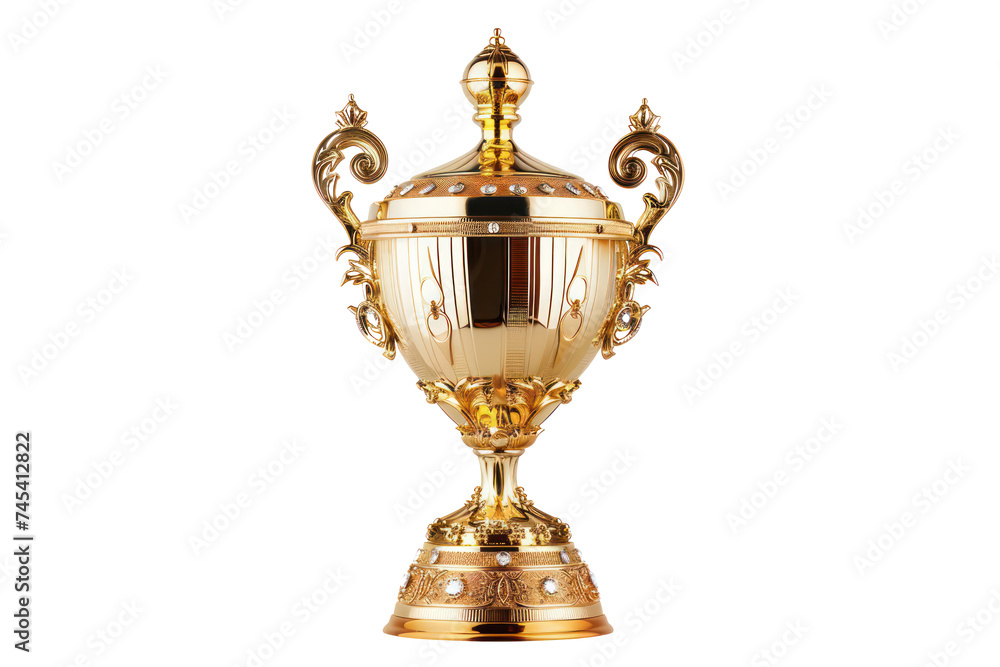 Fototapeta premium Elaborate golden trophy cup, cut out - stock png.
