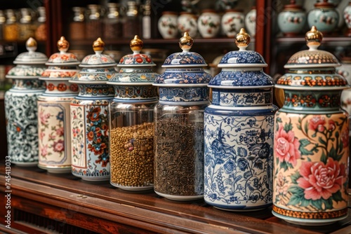 A collection of ornate tea caddies and clear jars filled with various teas displayed on a wooden shelf.