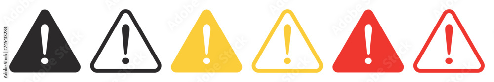 Set of caution signs. Caution alarm, fatal error message, exclamation mark. Triangle and circle warning, alert symbol. Vector. EPS10. Set of caution signs. Caution alarm, fatal error message, exclamation mark. Triangle and circle warning, alert symbol. Vector. EPS10.