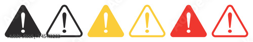 Set of caution signs. Caution alarm, fatal error message, exclamation mark. Triangle and circle warning, alert symbol. Vector. EPS10.