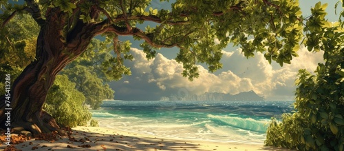 A painting showcasing a grand tree standing tall on a sandy beach, surrounded by the serene seascape. The trees branches stretch out elegantly, contrasting against the blue ocean backdrop.