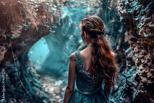 A girl in a teal dress walks towards light in a forest tunnel, creating a fairy tale atmosphere