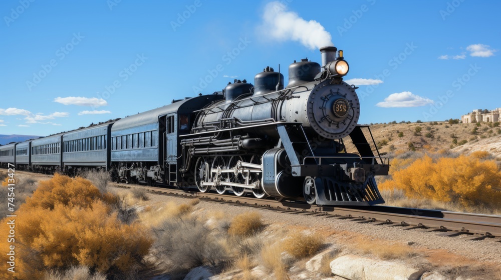 Fototapeta premium Capture the breathtaking scene of a steam locomotive in the high canyon of the wild west
