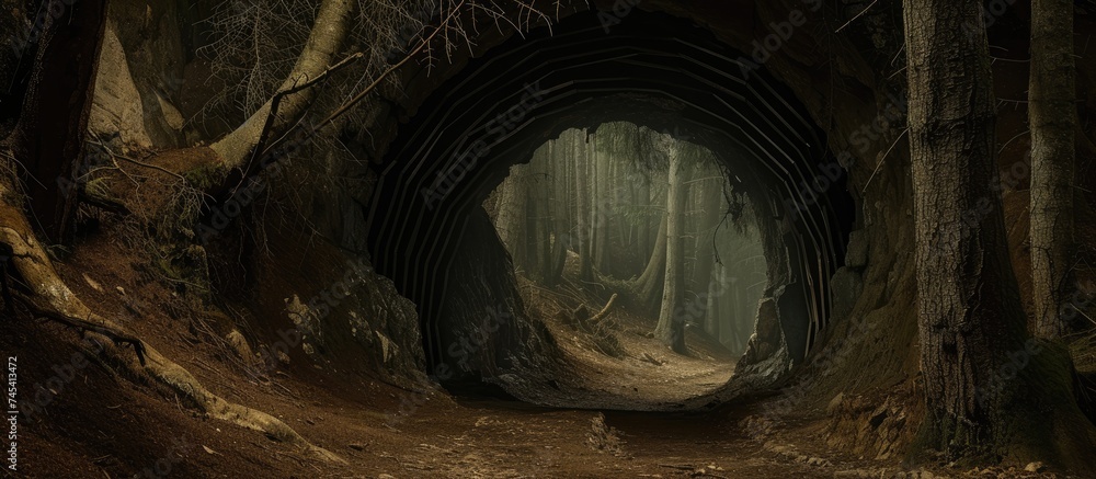 A reinforced wood tunnel stretches through the dense forest, leading to an old coal mine. The dark, mysterious passageway creates a sense of intrigue and exploration. - obrazy, fototapety, plakaty 
