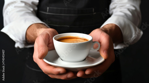 Waiter in black apron stretches a cup of coffee