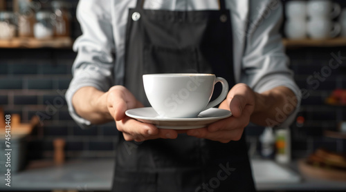 Waiter in black apron stretches a cup of coffee