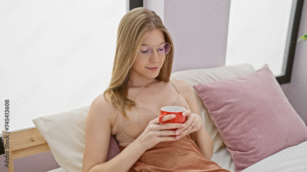 Blonde woman relaxing with coffee in a cozy bedroom setting, embodying casual elegance and domestic tranquility. Blonde woman relaxing with coffee in a cozy bedroom setting, embodying casual elegance and domestic tranquility.