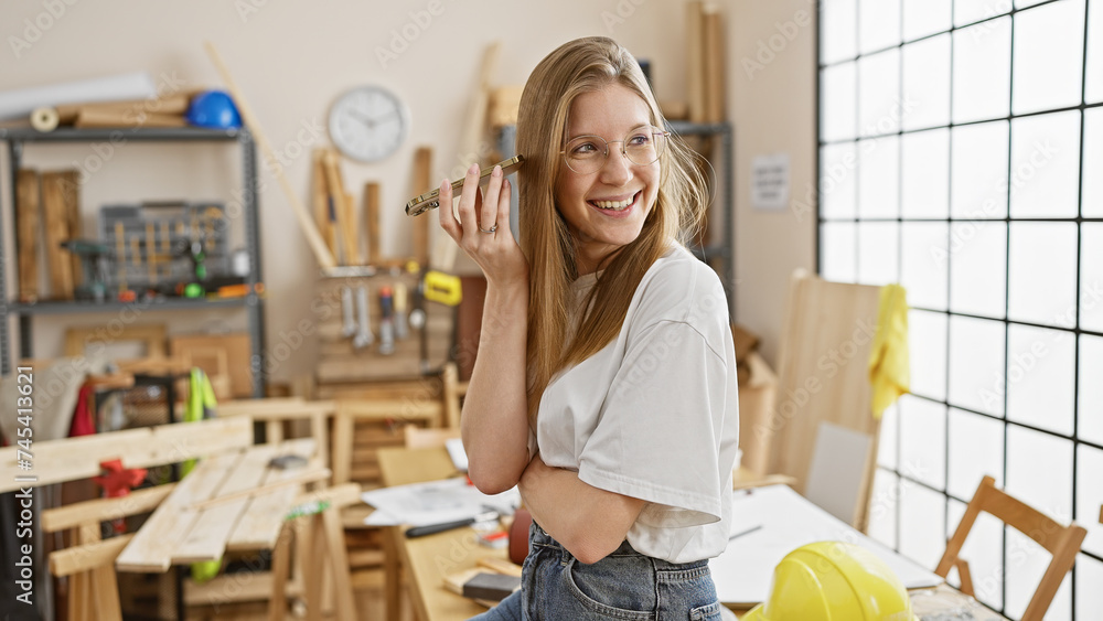Smiling young woman holding pencil in sunny carpentry workshop Smiling young woman holding pencil in sunny carpentry workshop
