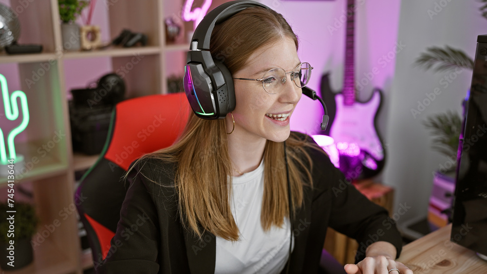 Smiling caucasian woman with headphones in a neon-lit gaming room at night, interacting happily with her computer Smiling caucasian woman with headphones in a neon-lit gaming room at night, interacting happily with her computer