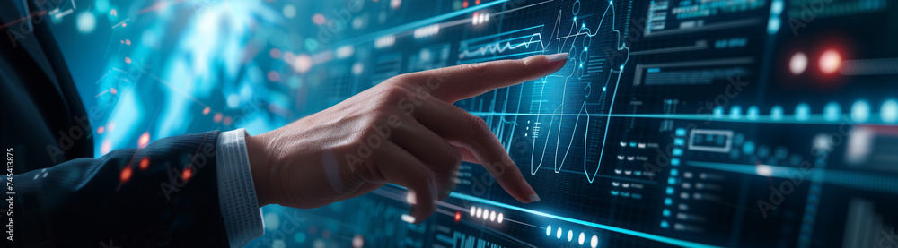 Businessman touching on virtual interface with quality control growth graph and cost reduction Businessman touching on virtual interface with quality control growth graph and cost reduction